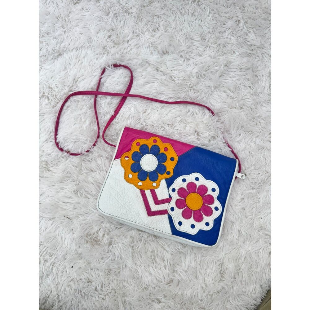 Carlos Falchi Leather Flower Applique Clutch Colorblock Magenta Blue White